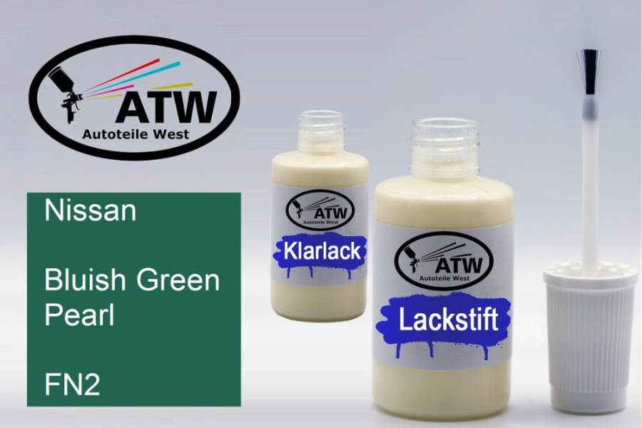 Nissan, Bluish Green Pearl, FN2: 20ml Lackstift + 20ml Klarlack - Set, von ATW Autoteile West.